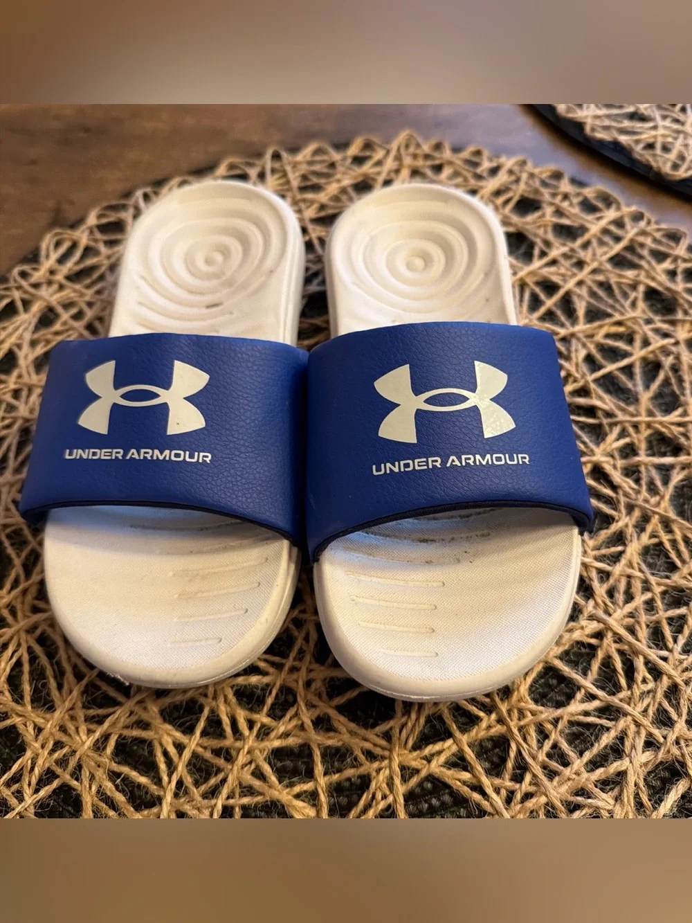 Under Armour Kids Blue and White Slide Sandals with Logo